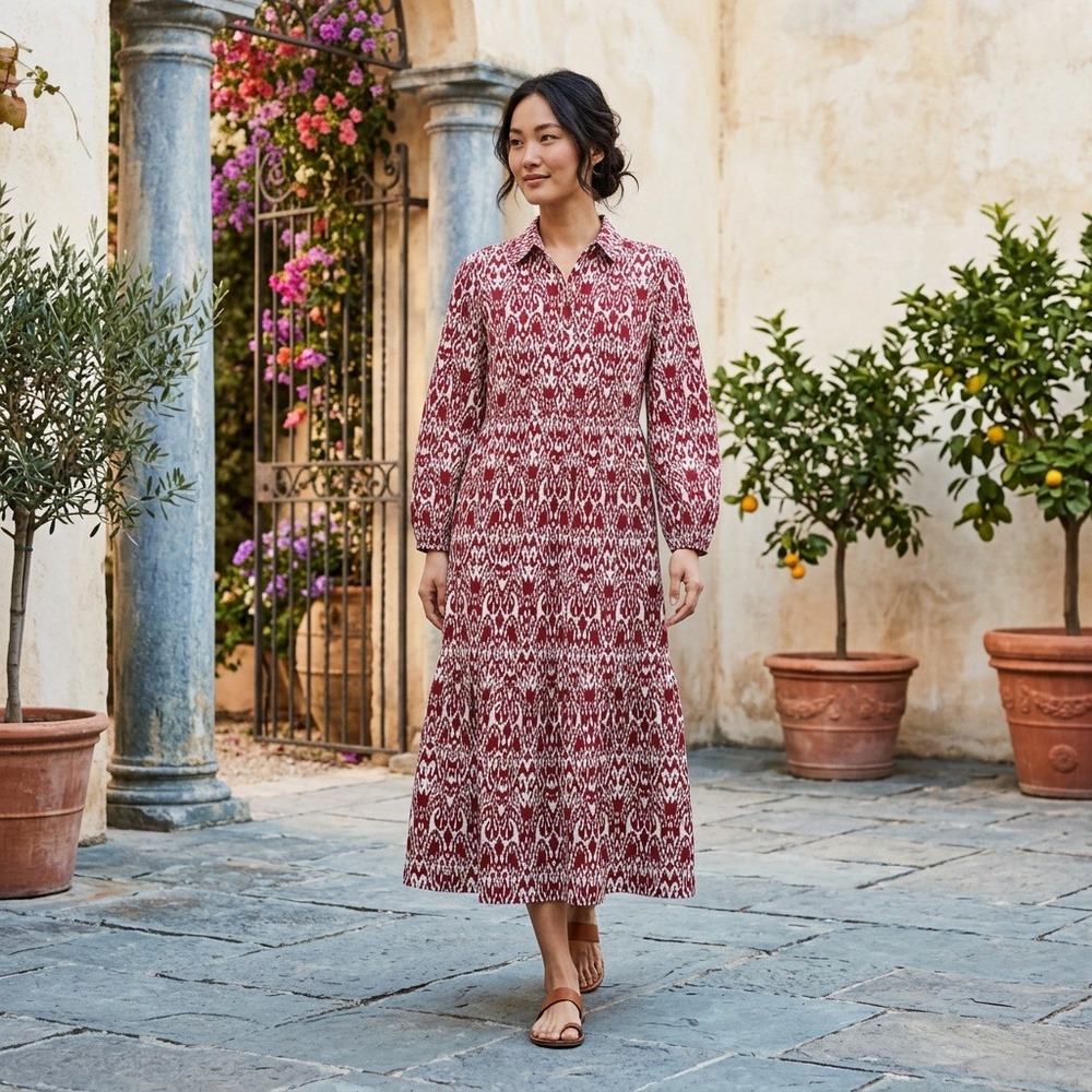 Maeve Anthropologie Bettina Wine Ikat Tiered Cotton Midi Shirt Dress Womens M